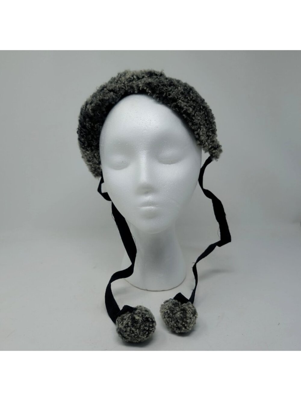 Vintage Fur Headpiece Gray Ties Poms Lamb Sheep